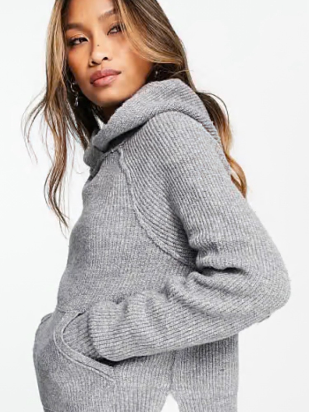 Free People Ribbed Hooded Turtleneck Sweater in Gray